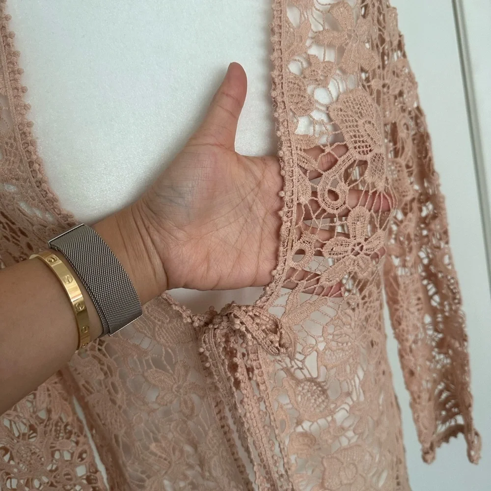 Chicos Cardigan Womens Pink Crochet Lace 30 Year Anniversary Boho Artsy Sz 0 Sm